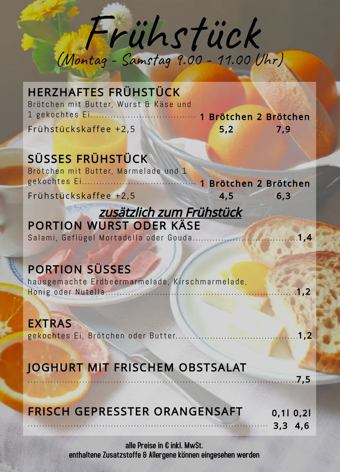 Vollständige Frühstückskarte des Eiscafé Angel’s