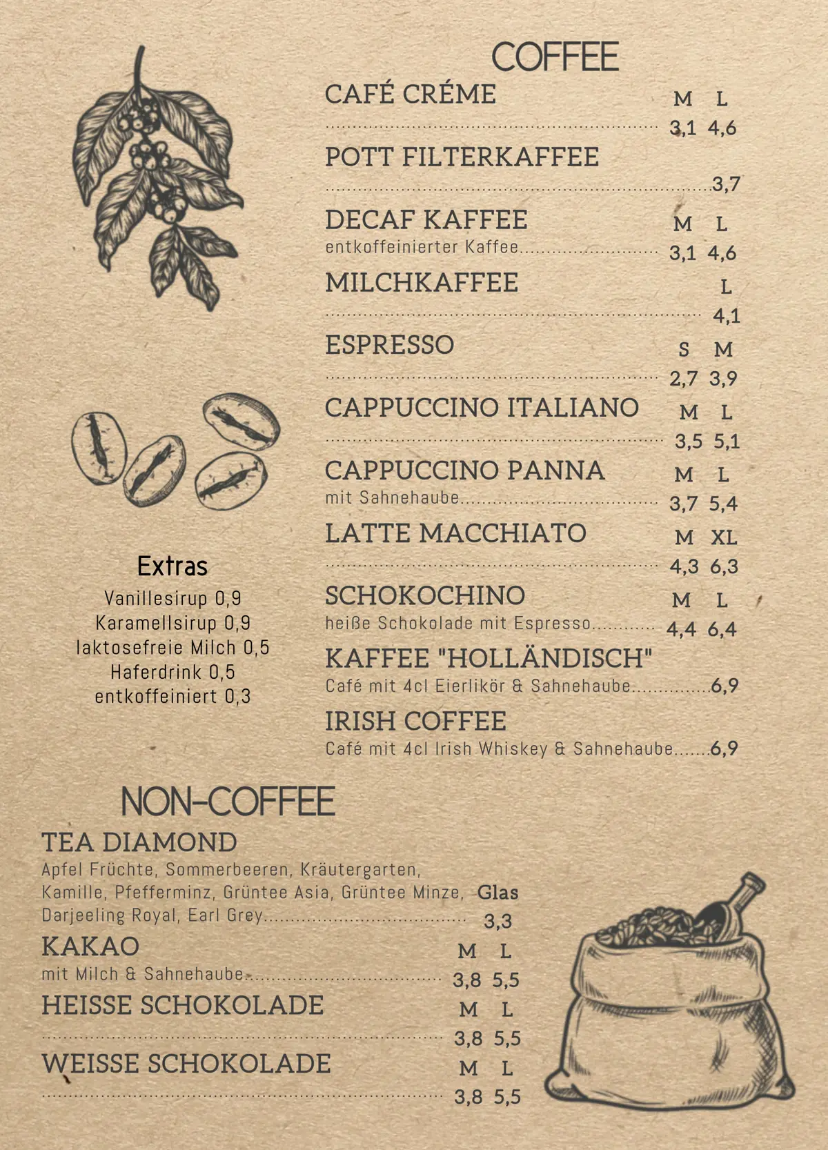 Karte für Kaffee, Tee und heiße Schokolade