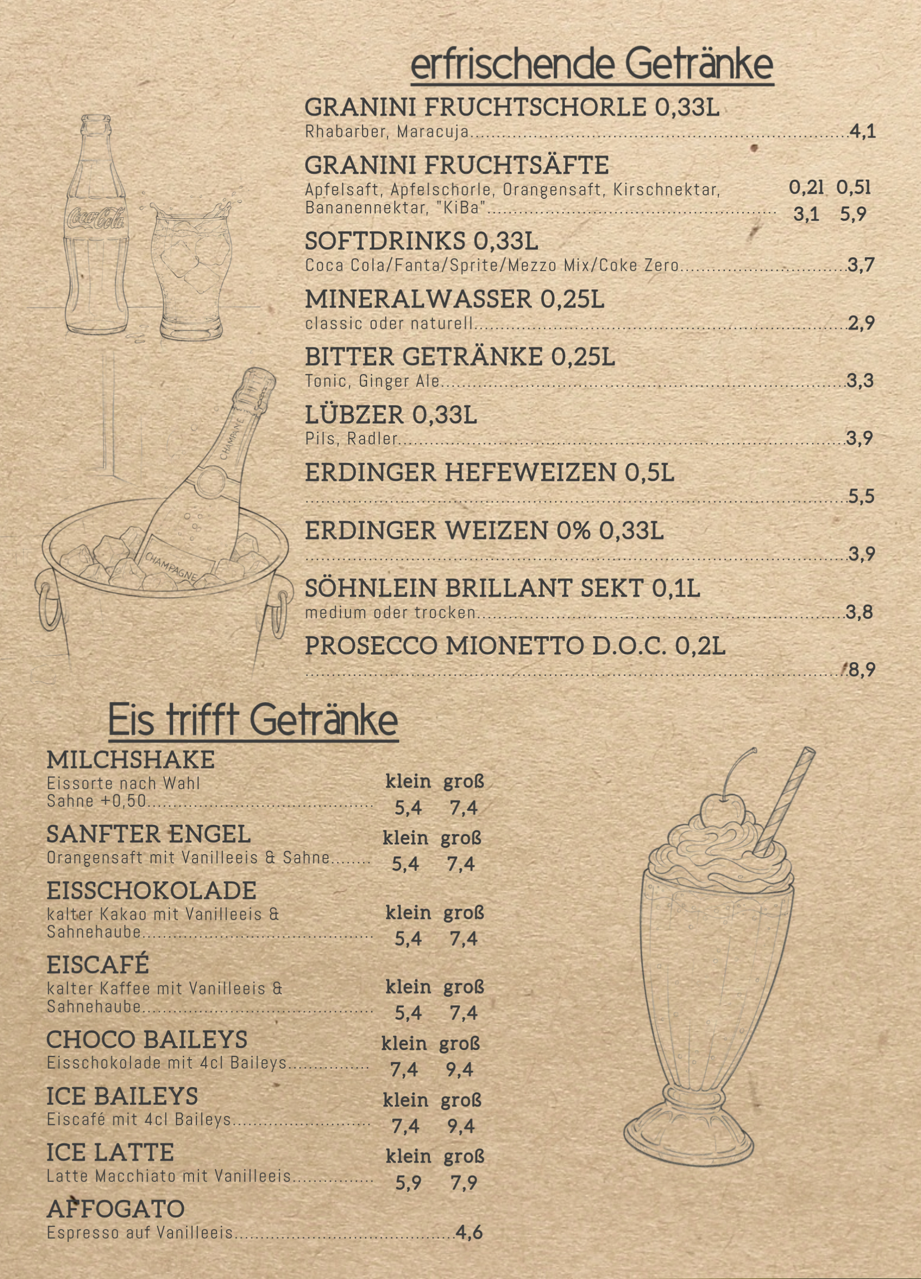 Karte für Erfrischungsgetränke, Bier, Sekt und Eisspezialitäten